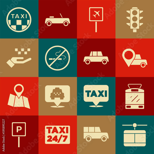Set Cable car, Tram and railway, Location with taxi, Airport, No Smoking, Hand, Taxi roof and Car icon. Vector