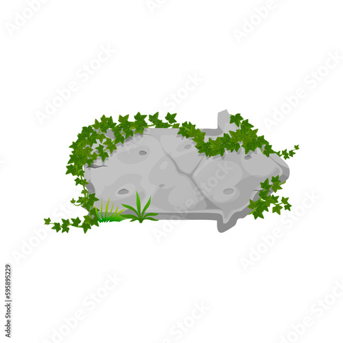Stone cartoon with ivy leaves, green floral decoration. Vector sign board with creepy ivy leaves, cracked rock granite plate creeper, game ui element