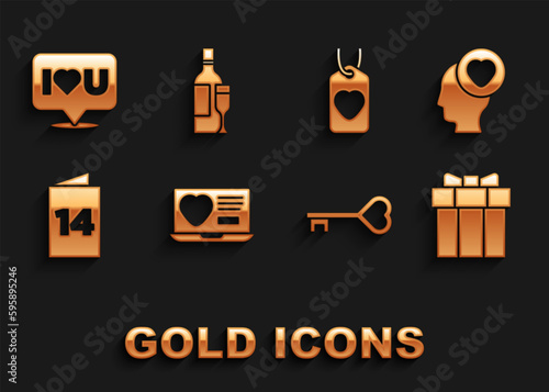 Set Dating app online, Head with heart, Gift box, Key shape, Greeting card, Heart tag, Speech bubble I love you and Champagne bottle icon. Vector