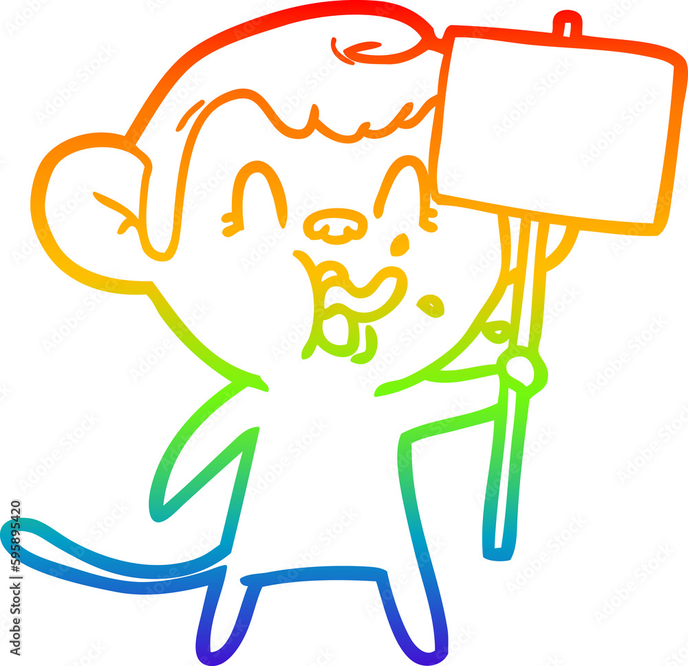rainbow gradient line drawing of a crazy cartoon monkey with sign rainbow gradient line drawing of a crazy cartoon monkey with sign
