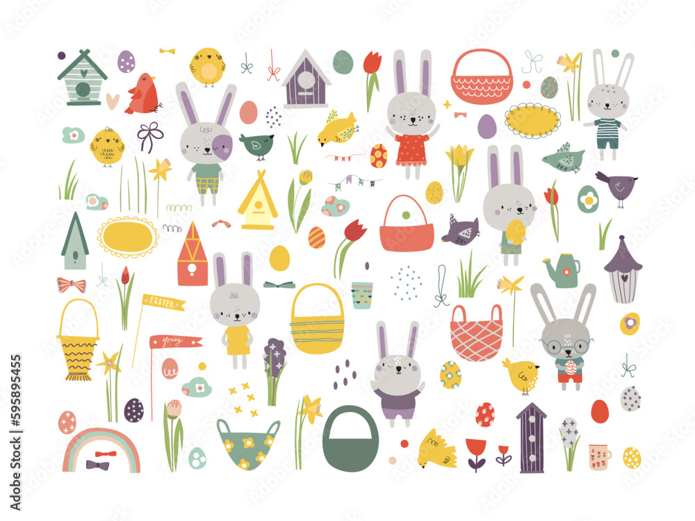 A large set of clipart on a spring theme. Hares, birds, baskets, flowers, eggs, bird houses, decor elements. Cute illustration for card design, greeting email, invitation design, announcement.
