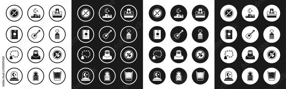 Set Donate or pay your zakat, Lute, Holy book of Koran, No Smoking, Ramadan Kareem lantern, Muslim man prays, alcohol and Rosary beads religion icon. Vector Set Donate or pay your zakat, Lute, Holy book of Koran, No Smoking, Ramadan Kareem lantern, Muslim man prays, alcohol and Rosary beads religion icon. Vector