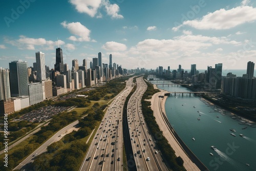 Aerial of Chicago skyline above traffic on Lake Shore Drive on a sunny day with blue skies and clouds. Generative AI photo