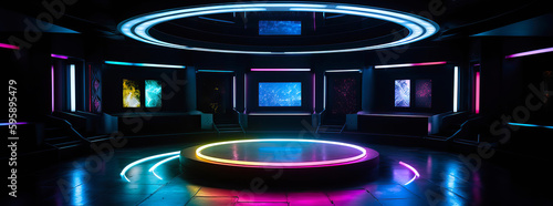 Sci-fi style room dark room with colorful lights. wide format. Generative AI. 
