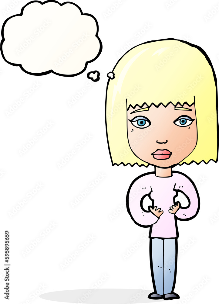 cartoon woman indicating self with thought bubble