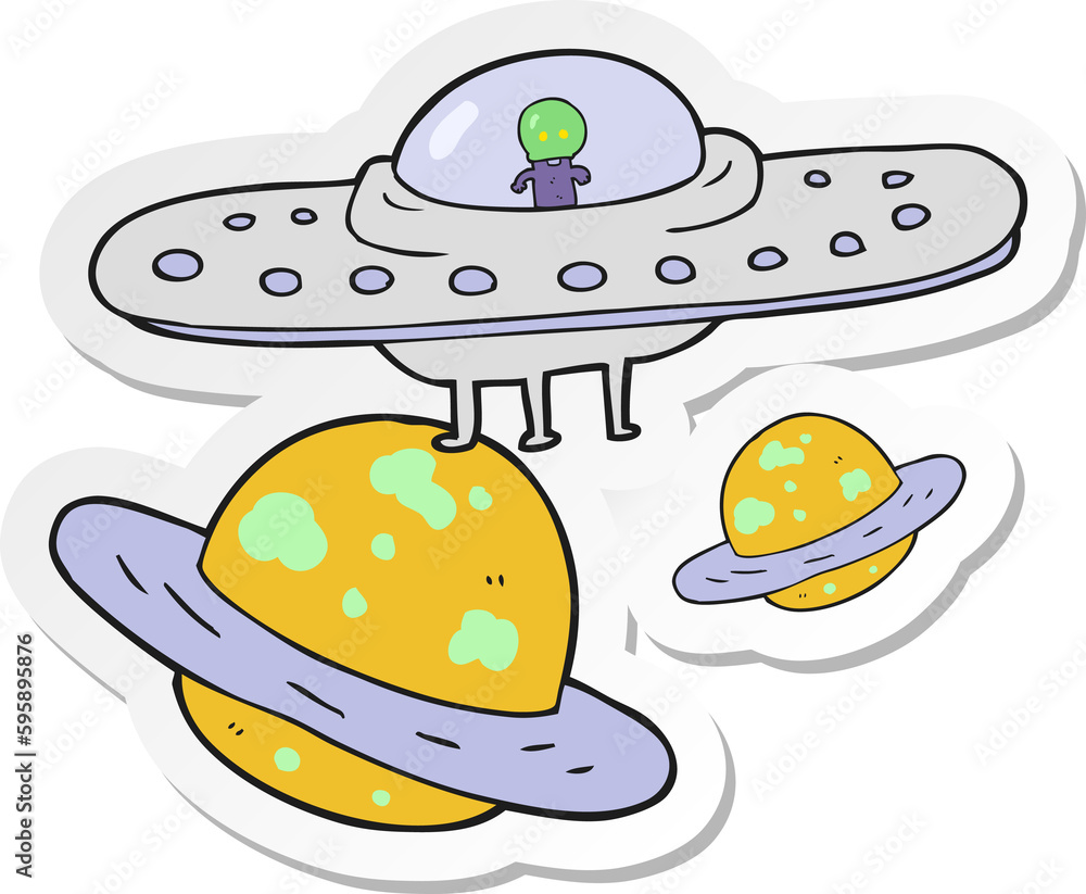 sticker of a cartoon flying saucer in space sticker of a cartoon flying saucer in space