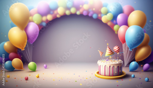 Birthday background with balloons. Illustration AI Generative.