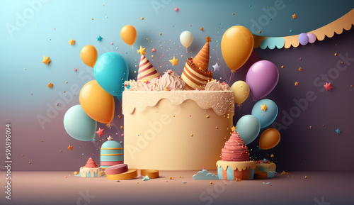 Happy Birthday Background with Balloons. Illustration AI Generative.