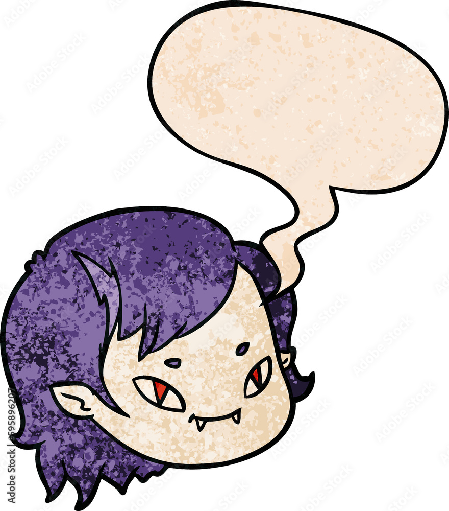 cartoon vampire girl face with speech bubble in retro texture style cartoon vampire girl face with speech bubble in retro texture style