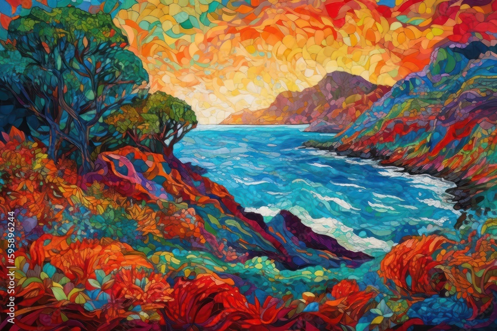 Hawaiian landscapes rendered in bright abstract pointillist style, with dabs of color merged together to form volcanic cliffs, palm groves, ocean waves and sunsets. Generative AI