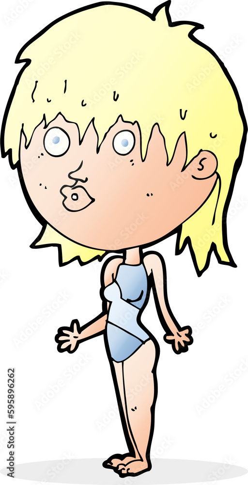 cartoon woman in swimsuit shrugging shoulders cartoon woman in swimsuit shrugging shoulders