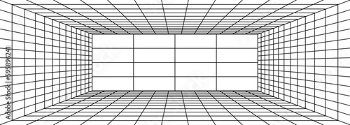 Retro geometry grid tunnel on black background. Vector illustration