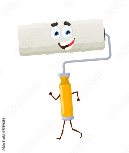 Cartoon paint roller character, painting works tool and DIY equipment, vector funny face. Paint roller cartoon character, house renovation, remodeling and painting equipment item with smile