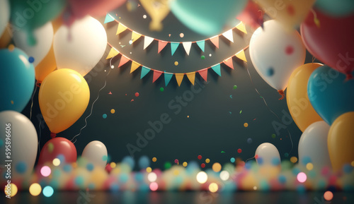 Birthday background with balloons. Illustration AI Generative.