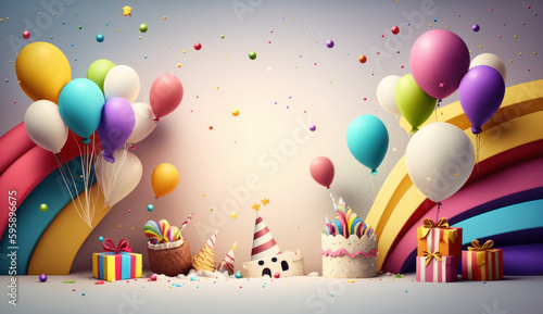 Happy Birthday Background with Balloons. Illustration AI Generative.