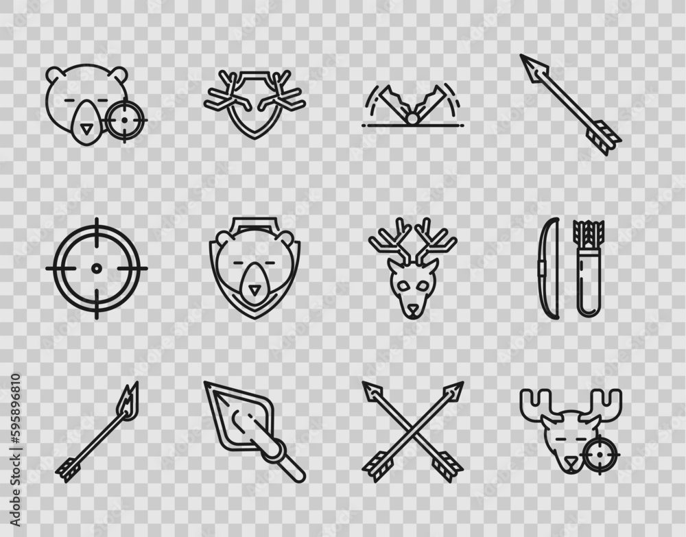 Set line Flame arrow, Hunt on moose with crosshairs, Trap hunting, Hipster tip, bear, Bear head shield, Crossed arrows and Bow and quiver icon. Vector Set line Flame arrow, Hunt on moose with crosshairs, Trap hunting, Hipster tip, bear, Bear head shield, Crossed arrows and Bow and quiver icon. Vector