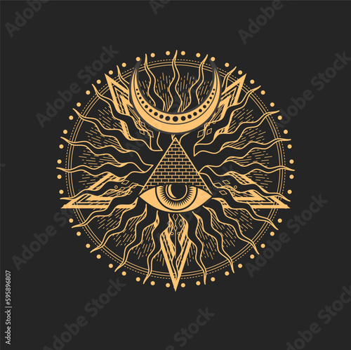 Esoteric occult mason symbol vector Eye of Providence in egyptian pyramid inside of circle with sun rays and crescent. Masonic or illuminati spiritual symbolic, occultism alchemy or tarot sign
