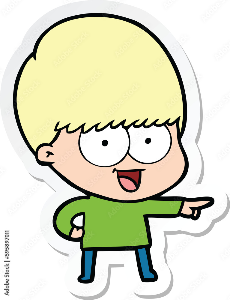 sticker of a happy cartoon boy pointing