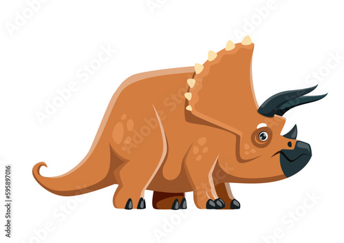 Cartoon Triceratops dinosaur character. Extinct lizard, paleontology Jurassic era animal. Prehistoric wildlife creature, herbivorous Triceratops dinosaur vector cute personage with frill and horns