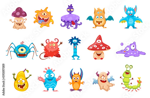 Monsters, cartoon cute funny characters and alien animals with happy face. Vector scary little creatures and comic mutant mascots with smile, devil troll or silly goblin and furry monster gremlins