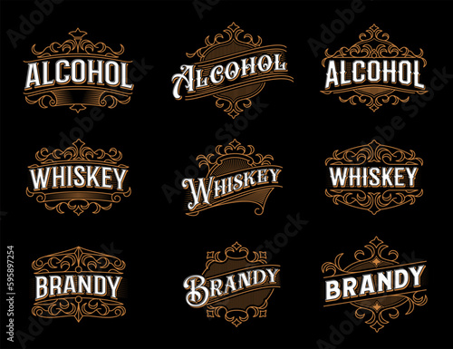 Vintage alcohol labels. Whiskey, brandy badge flourish embellishments, craft alcohol drink or beverage bottle ornamental decoration, classic labels. Restaurant bar, pub or distillery vintage emblem