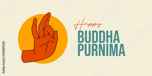 Buddha Purnima typography and elegant Buddha hand mudra vector illustration for social media template, banner ad, and invitation card. 