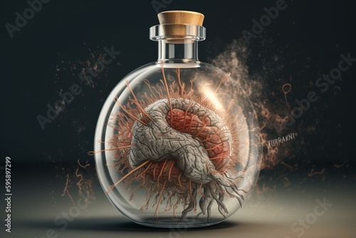 Drawing of medicine-filled flask fighting virus. Generative AI photo