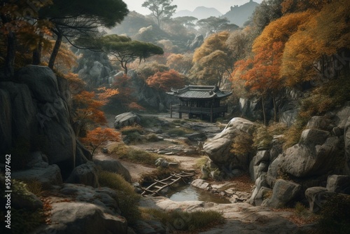 Japanese landscape artwork. Generative AI © Tanith
