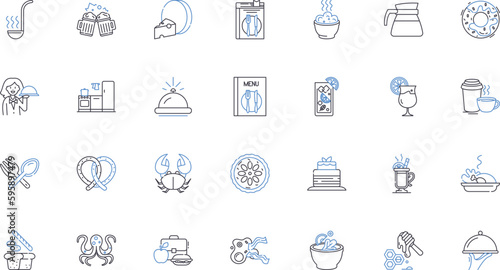 Cooking shop line icons collection. Gadgets, Utensils, Spices, Ingredients, Cookbooks, Knives, Pans vector and linear illustration. Bowls,Appliances,Bakeware outline signs set