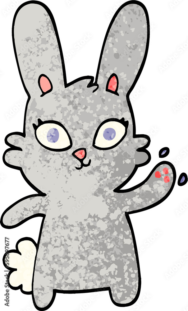 cute grunge textured illustration cartoon rabbit waving