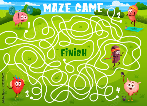 Labyrinth maze, cartoon funny human organs sportsman characters on green meadow, vector quiz game. Kids labyrinth maze worksheet find way for heart, brain and kidney on fitness sport and yoga