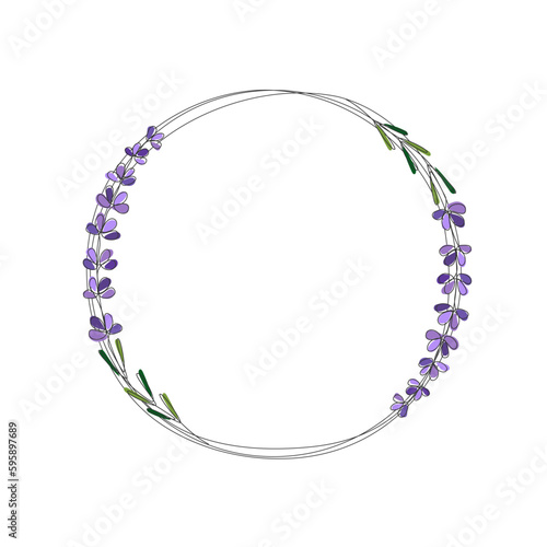 Botanical hand drawn round frame. Line drawn lavender in a circle. Elegant minimalist template for wedding invitations, cards, posters, postcards, logo design