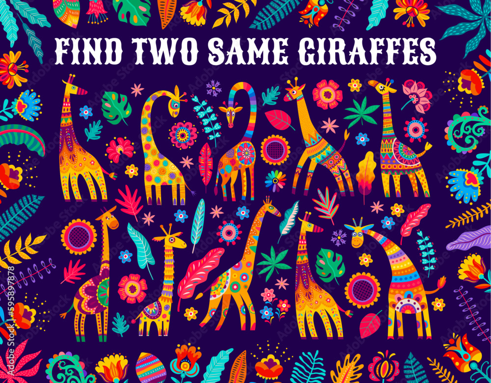 Find two same African giraffes, kids game worksheet with bright flowers, leaves and vector floral elements. Puzzle quiz to find two same objects of African animals and plants, riddle game worksheet
