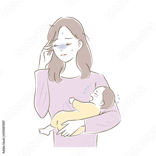 産後うつ・育児ノイローゼのお母さんと赤ちゃんのイラスト