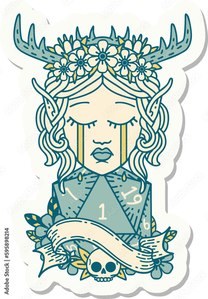 sticker of a crying elf druid character face with natural one D20 dice roll sticker of a crying elf druid character face with natural one D20 dice roll