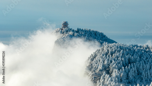 Photography Aerial photography of snow covered Mount Emei in winter, the golden summit of Mo