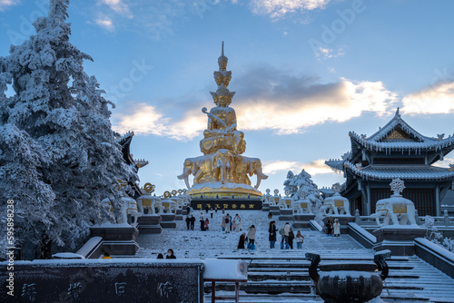 Temples and statues on the top of Mount Emei, snowy winter, Sichuan, China(Translation: Samantabhadra of Buddhism) photo