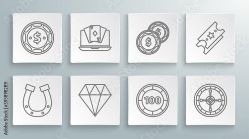 Set line Horseshoe, Online poker table game, Diamond, Casino chips, roulette wheel, with dollar, Lottery ticket and icon. Vector