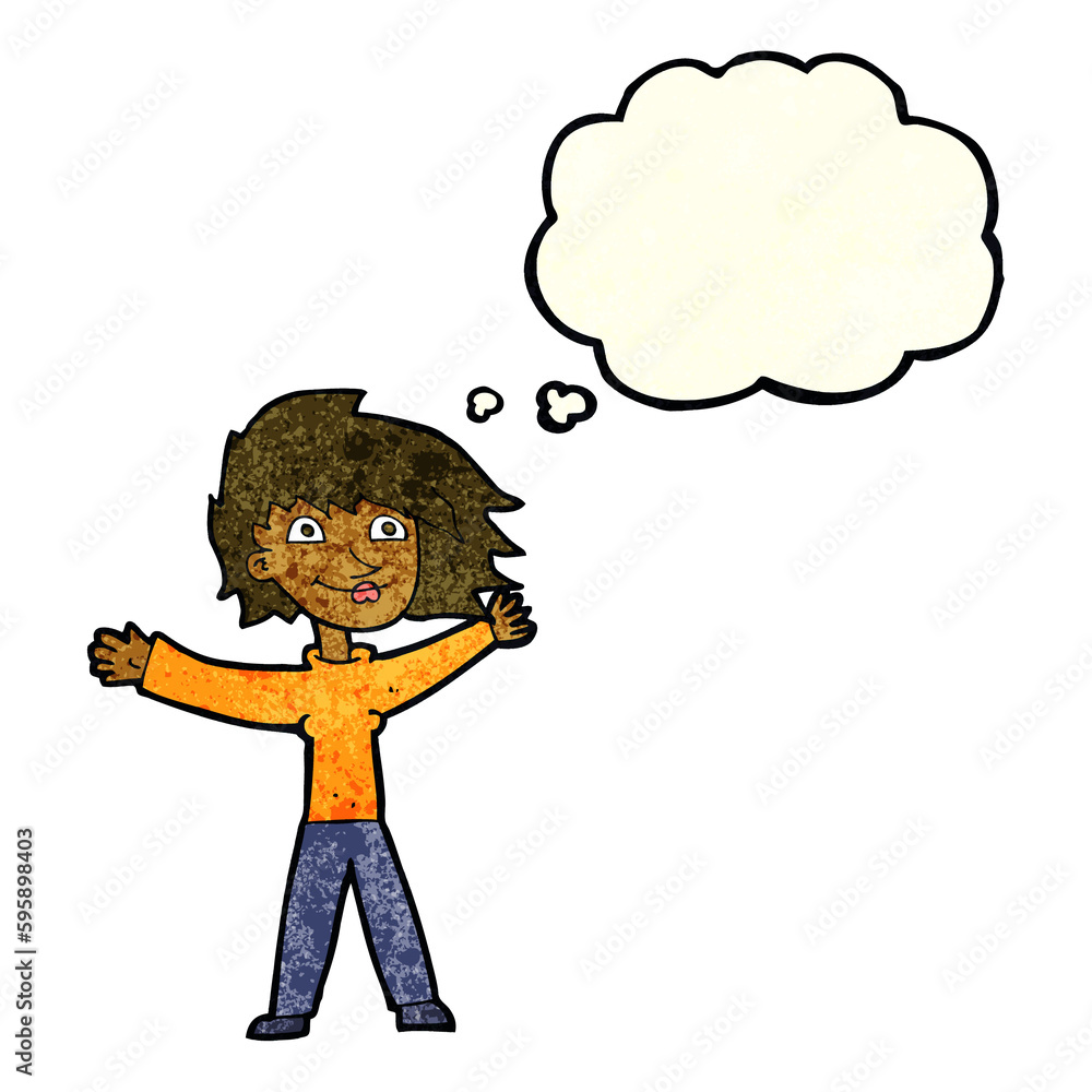 cartoon excited woman waving with thought bubble cartoon excited woman waving with thought bubble