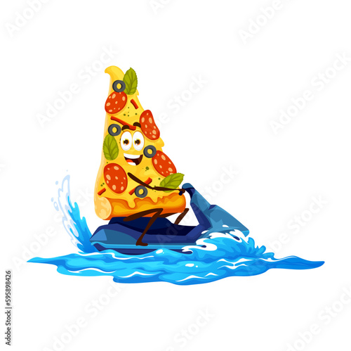 Cartoon pizza slice character on jet ski, vector fast food on summer holiday. Funny pizza on jet ski on sea or ocean waves, cheerful fast food snack on summer vacations and sport, kids comic junk food