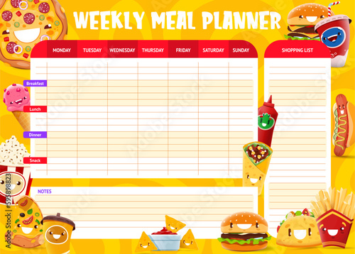 Weekly meal planner, funny cartoon takeaway fast food characters, vector food plan. Cheeseburger, pizza and taco sandwich with potato fries, hot dog and popcorn on diet plan and week eating schedule