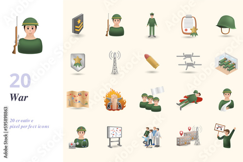 War set. Creative icons: military rank, soldier, commander, military order, helmet, army badge, transmitter, bullet, barbed wire, barracks, battle map, offensive, retreat, dead soldier, wounded
