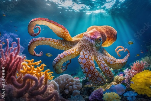 Octopus in ocean floor. Generative AI