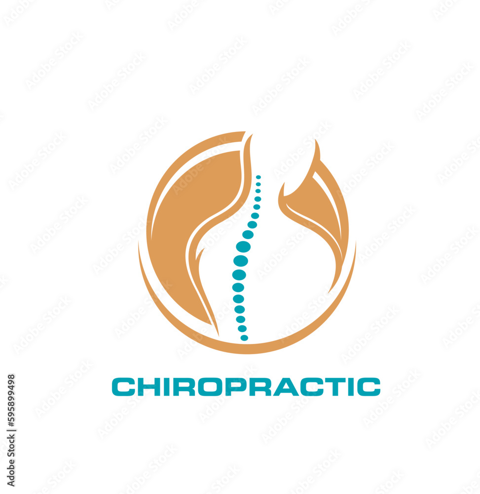 Fototapeta premium Chiropractic icon, physiotherapy, spine, back pain, body health and massage therapy. Vector silhouette of human figure with abstract bones of sine and neck isolated round symbol of chiropractor clinic