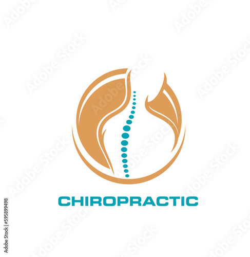 Chiropractic icon, physiotherapy, spine, back pain, body health and massage therapy. Vector silhouette of human figure with abstract bones of sine and neck isolated round symbol of chiropractor clinic