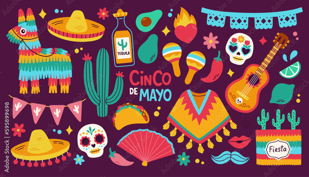 Cinco de Mayo sticker set, May 5, federal holiday in Mexico. Fiesta banner and poster design with flags, decorations Cinco de Mayo sticker set, May 5, federal holiday in Mexico. Fiesta banner and poster design with flags, decorations