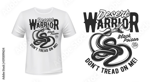 Viper snake. Mascot t-shirt print. Clothes custom design print with desert poisonous snake or deadly venom cobra. Apparel vector mockup or t-shirt emblem template with venomous serpent, scary viper