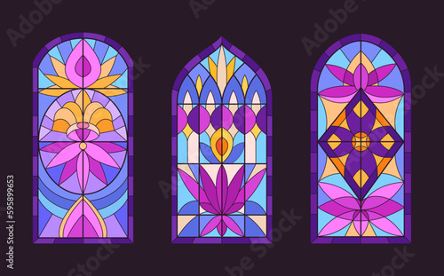 Arch stained glass windows. Church mosaic windows, cathedral stained glasses. Decorative glass windows flat vector illustration set