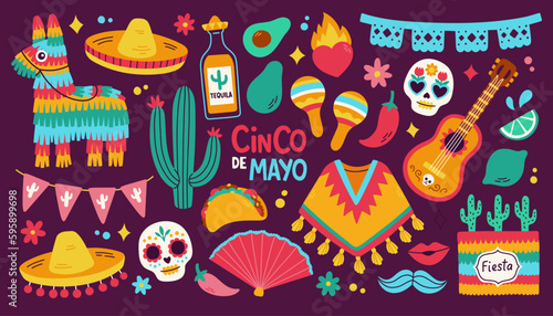 Cinco de Mayo sticker set, May 5, federal holiday in Mexico. Fiesta banner and poster design with flags, decorations