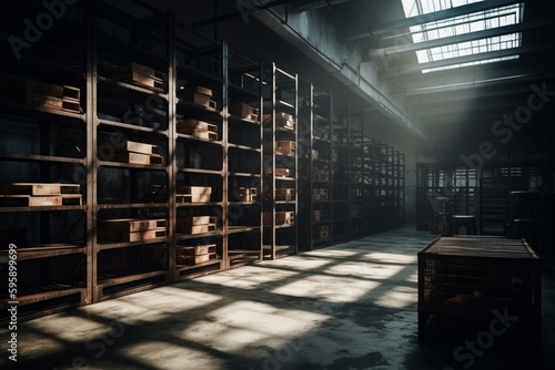 Industrial warehouse furniture depicted through empty stacked shelves, metal racks with pallets, and adjustable storage shelves. 3D image. Generative AI